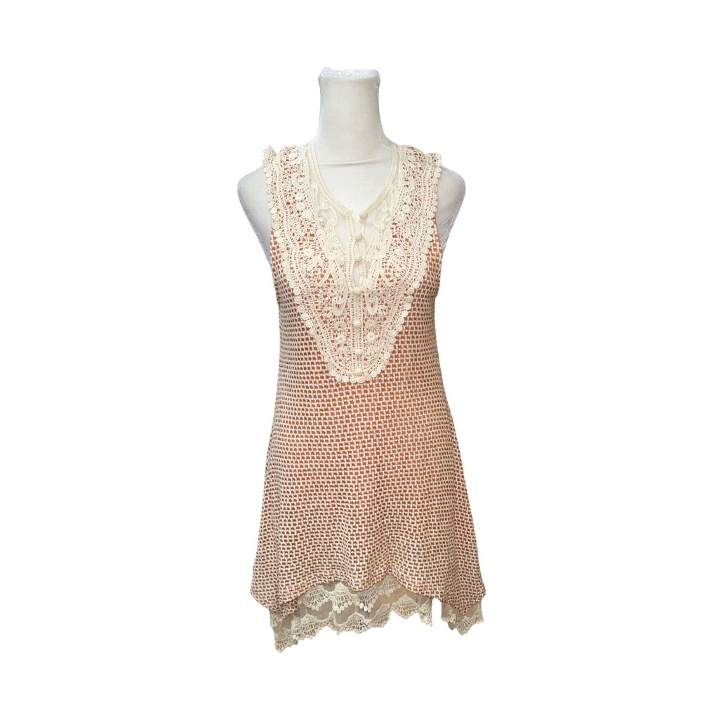 Ryu Peach Lace Trim Boho Tunic Top Dress Sleeveless Crochet Bib Medium